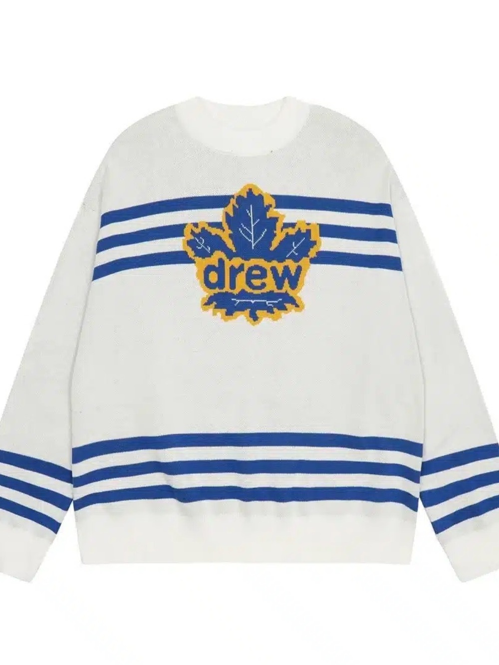 drew house White Crewneck with Blue Stripes and Yellow Logo